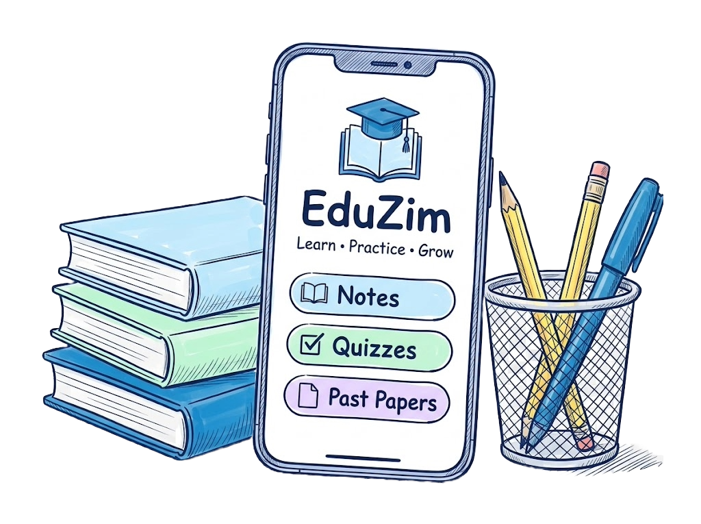 Hand-drawn smartphone showing the EduZim app with Notes, Quizzes and Past Papers, beside a stack of textbooks and a pencil cup