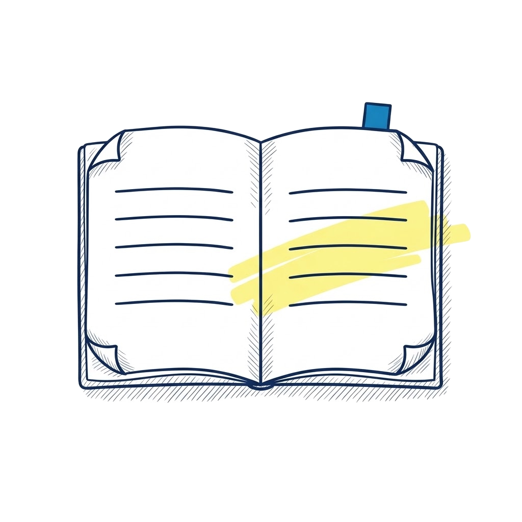 Sketched open notebook with a yellow highlighter swipe